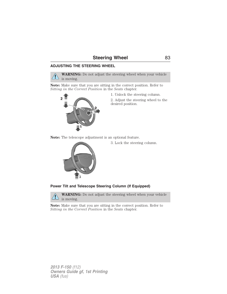 Steering wheel, Adjusting the steering wheel, Steering wheel 83 | FORD 2013 F-150 v.1 User Manual | Page 83 / 570