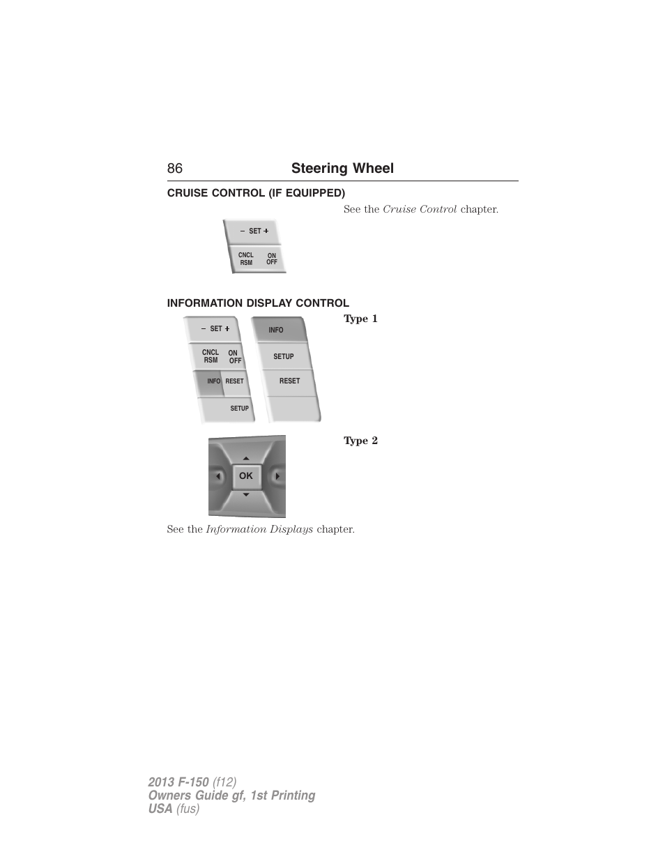 Cruise control (if equipped), Information display control, 86 steering wheel | FORD 2013 F-150 v.1 User Manual | Page 86 / 570