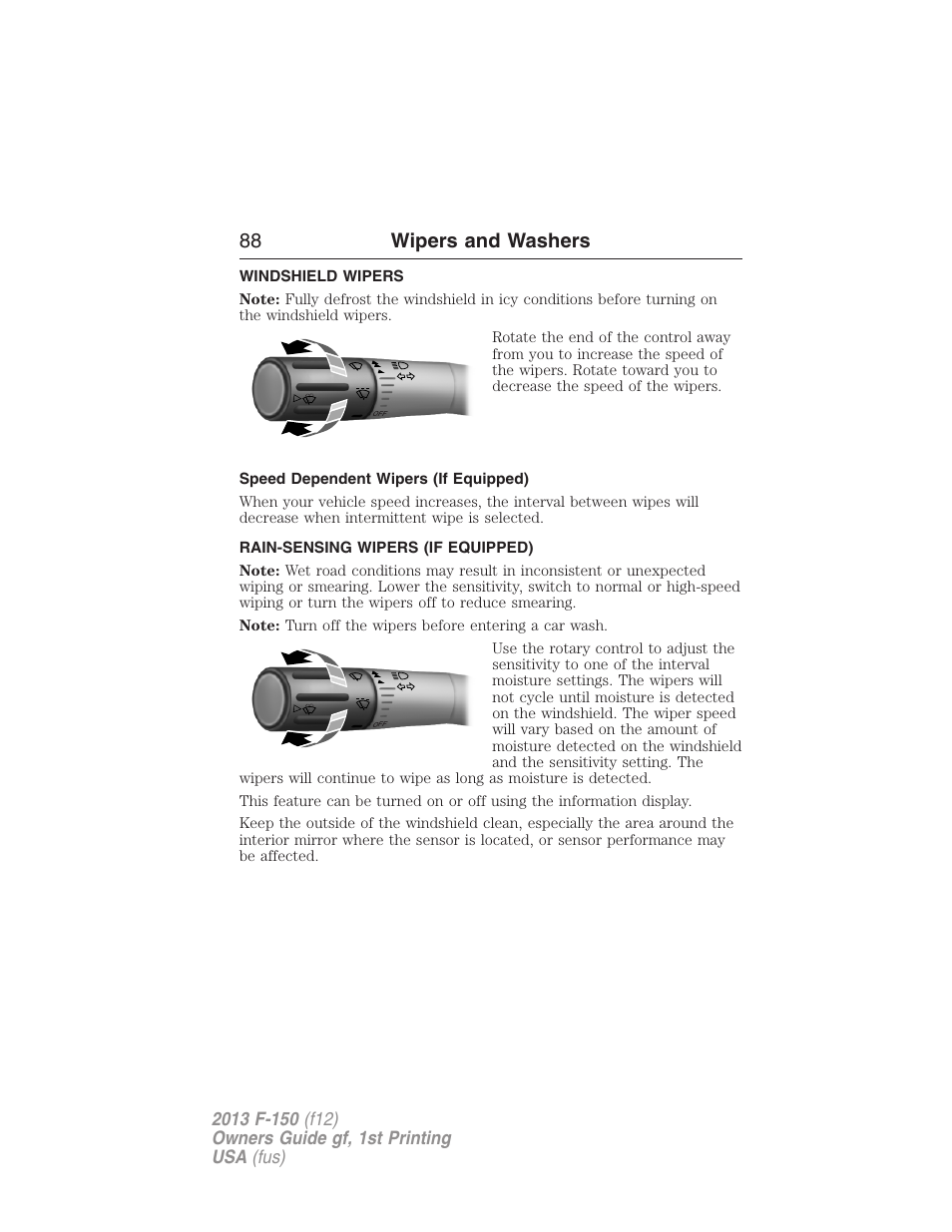 Wipers and washers, Windshield wipers, Speed dependent wipers (if equipped) | Rain-sensing wipers (if equipped), Rain-sensing wipers, 88 wipers and washers | FORD 2013 F-150 v.1 User Manual | Page 88 / 570