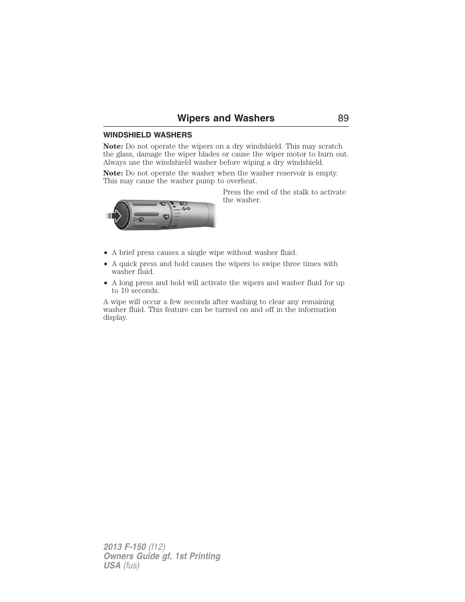 Windshield washers, Wipers and washers 89 | FORD 2013 F-150 v.1 User Manual | Page 89 / 570