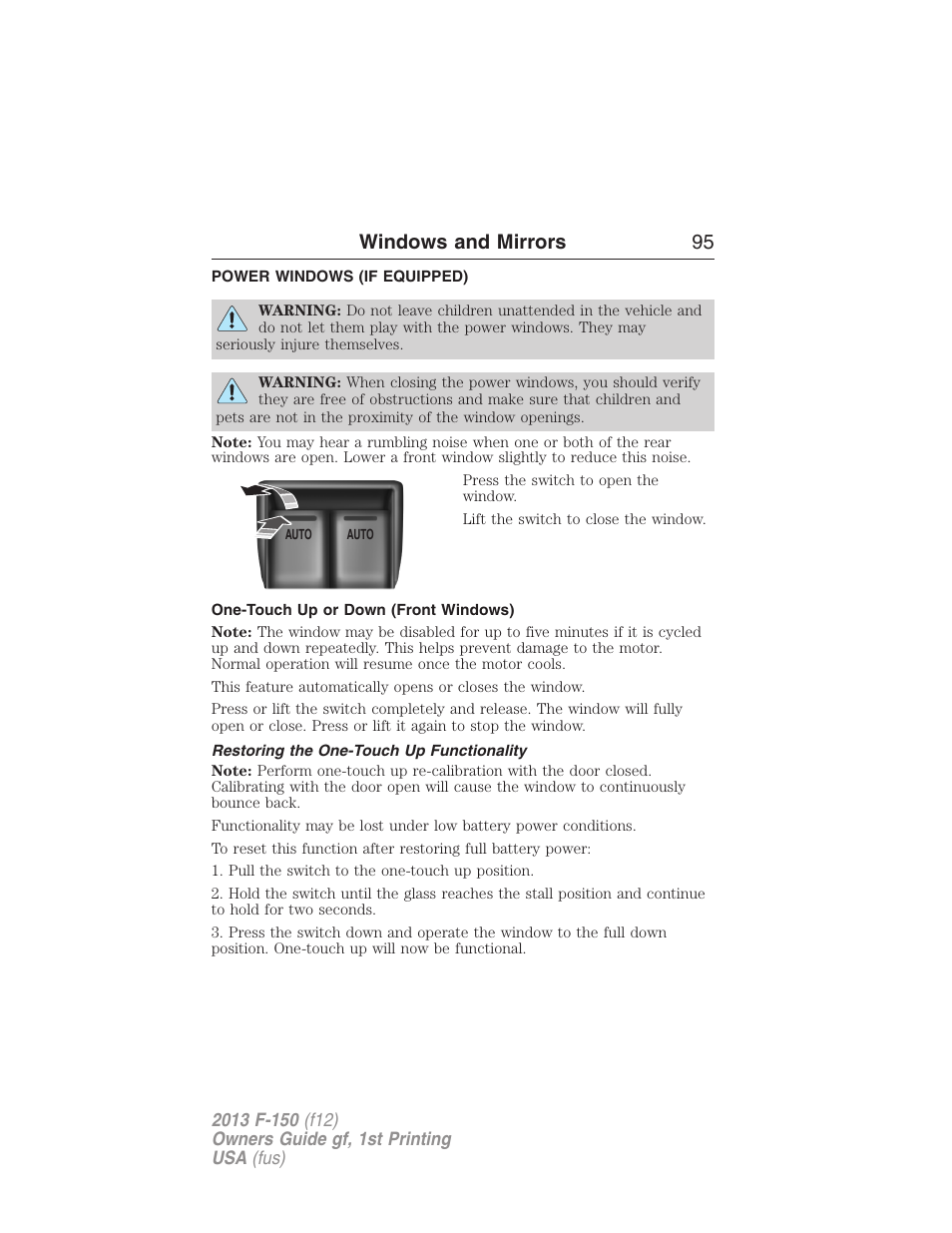 Windows and mirrors, Power windows (if equipped), One-touch up or down (front windows) | Restoring the one-touch up functionality, Power windows, Windows and mirrors 95 | FORD 2013 F-150 v.1 User Manual | Page 95 / 570