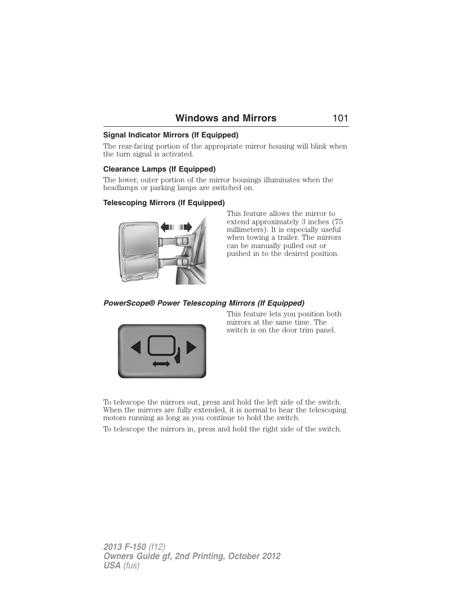 Signal indicator mirrors (if equipped), Clearance lamps (if equipped), Telescoping mirrors (if equipped) | Windows and mirrors 101 | FORD 2013 F-150 v.2 User Manual | Page 102 / 577