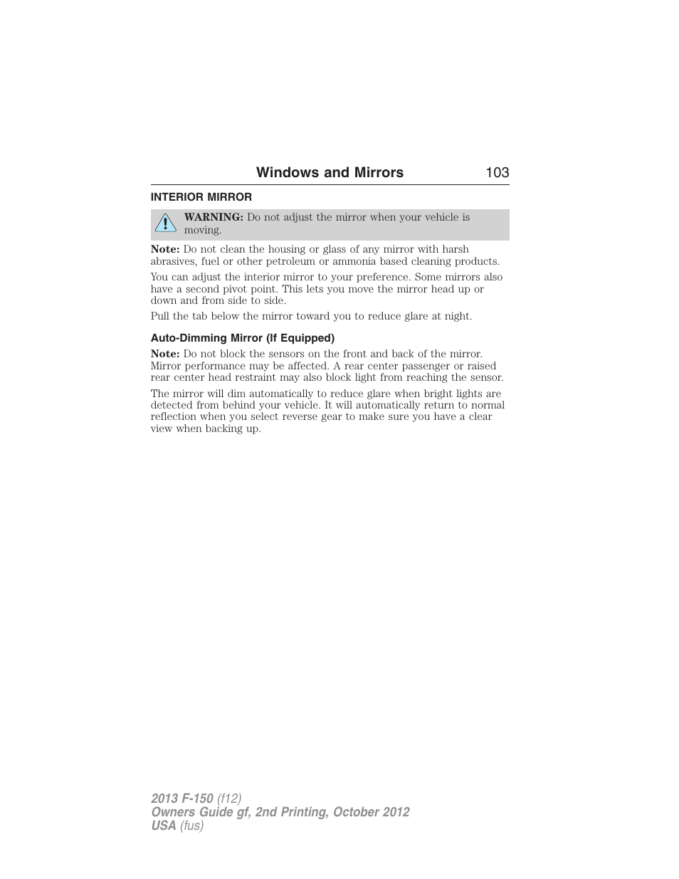 Interior mirror, Auto-dimming mirror (if equipped), Interior mirrors | Windows and mirrors 103 | FORD 2013 F-150 v.2 User Manual | Page 104 / 577