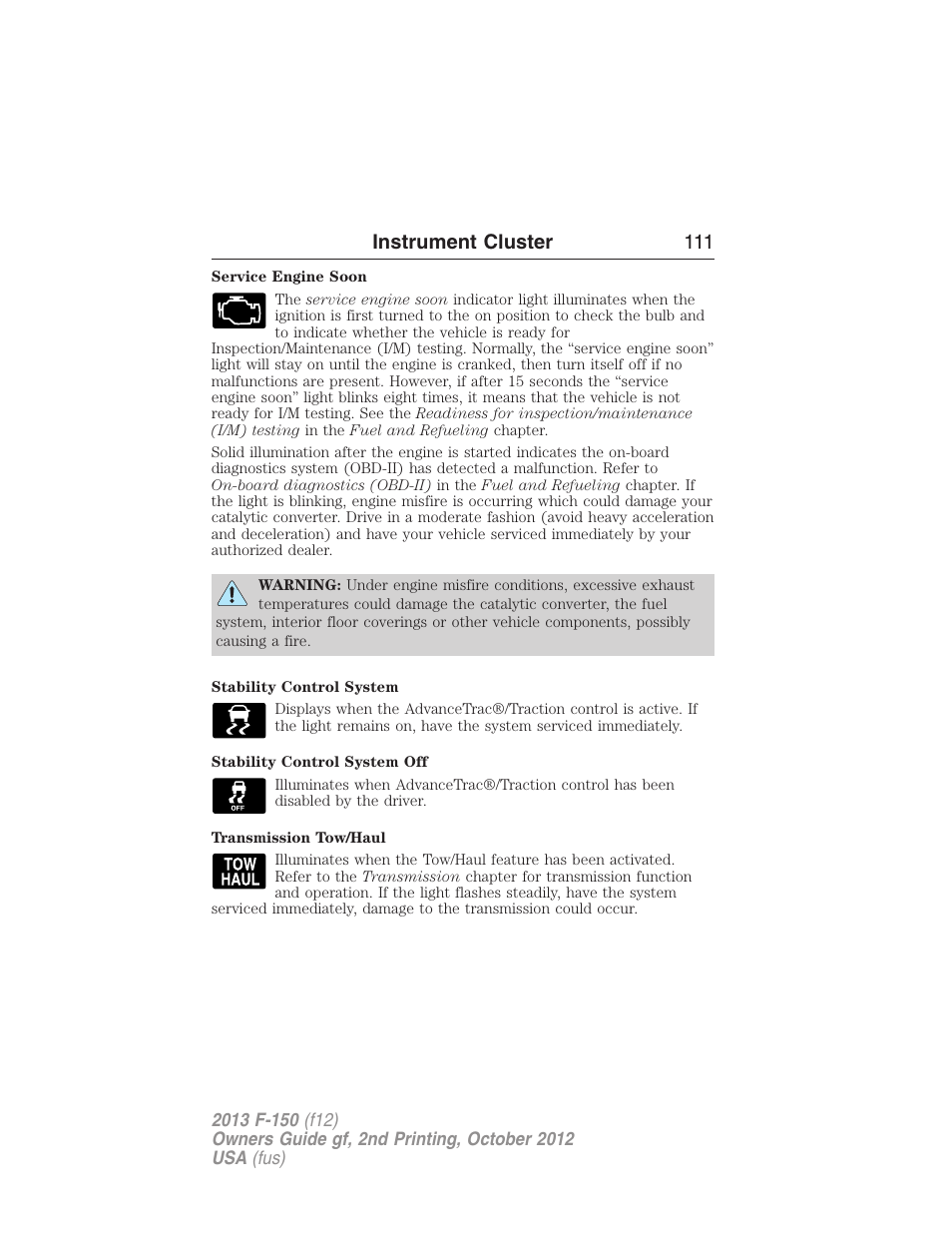 Instrument cluster 111 | FORD 2013 F-150 v.2 User Manual | Page 112 / 577