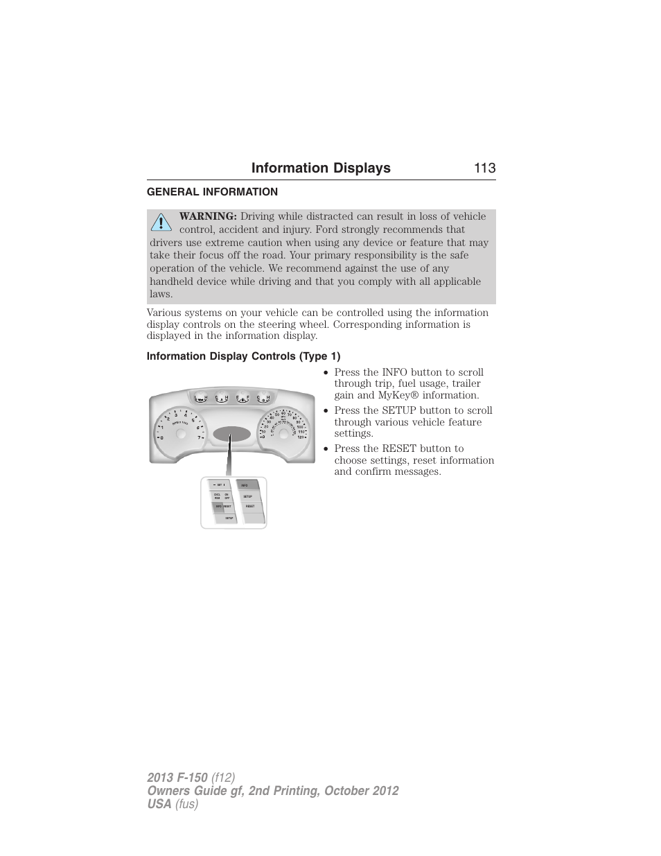 Information displays, General information, Information display controls (type 1) | Controls, Information displays 113 | FORD 2013 F-150 v.2 User Manual | Page 114 / 577