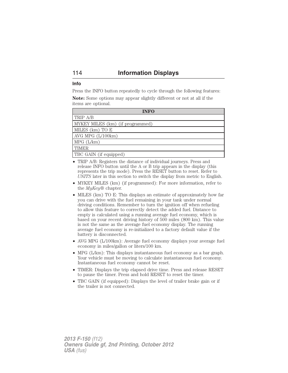 Info, 114 information displays | FORD 2013 F-150 v.2 User Manual | Page 115 / 577