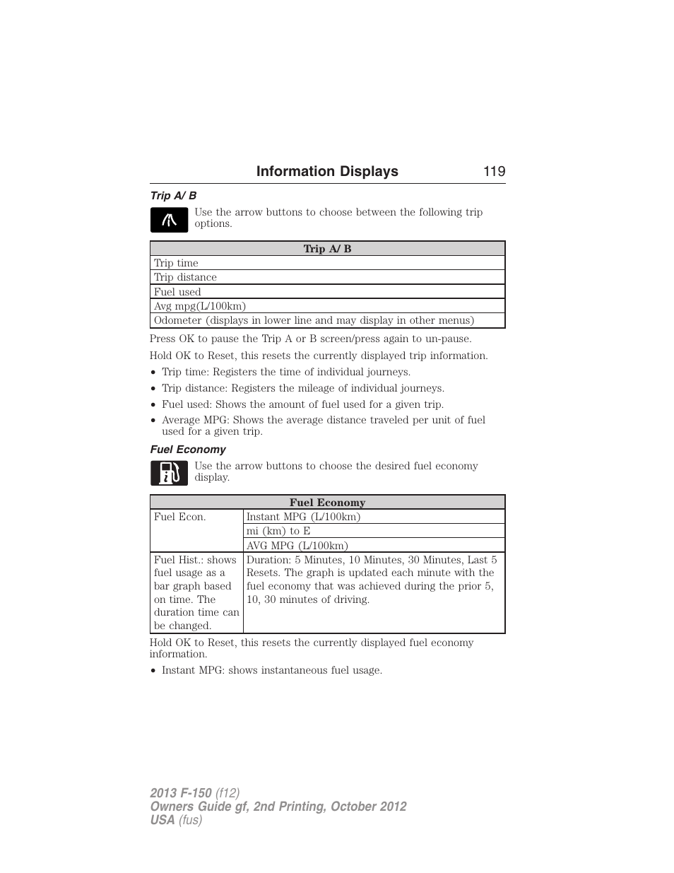 Trip a/ b, Fuel economy, Information displays 119 | FORD 2013 F-150 v.2 User Manual | Page 120 / 577