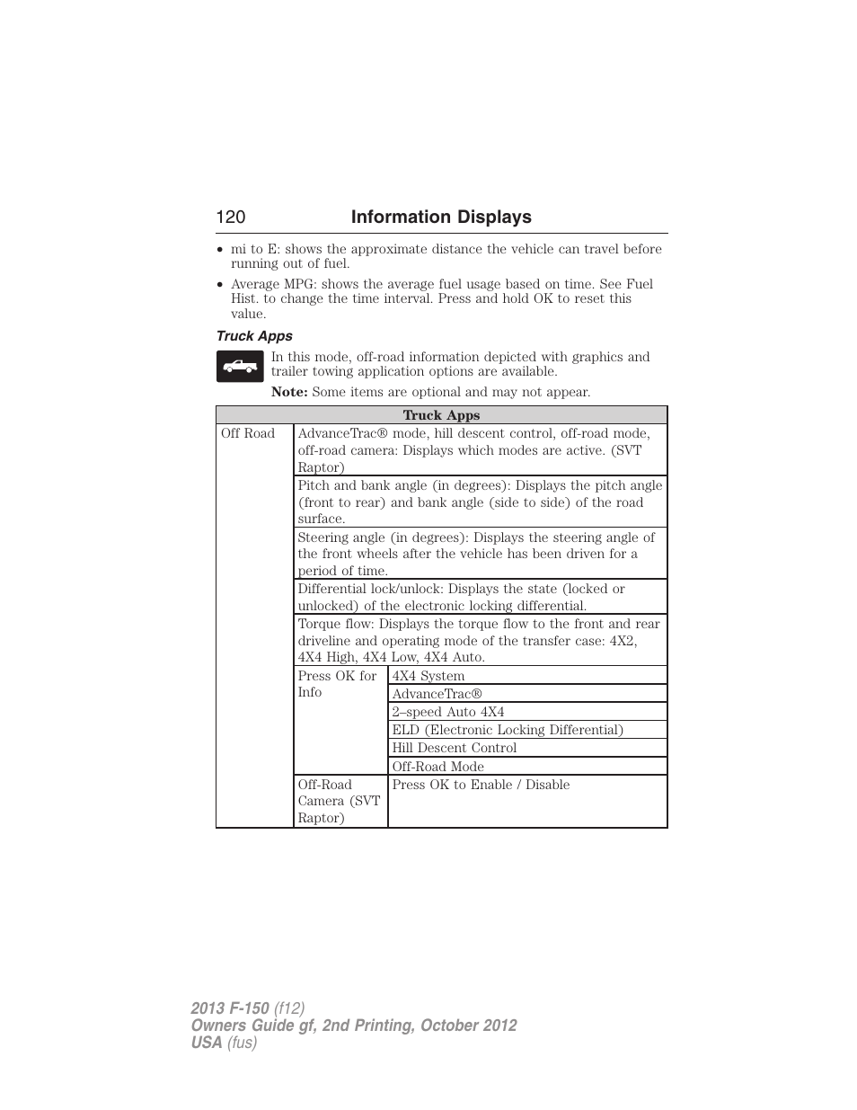 Truck apps, 120 information displays | FORD 2013 F-150 v.2 User Manual | Page 121 / 577