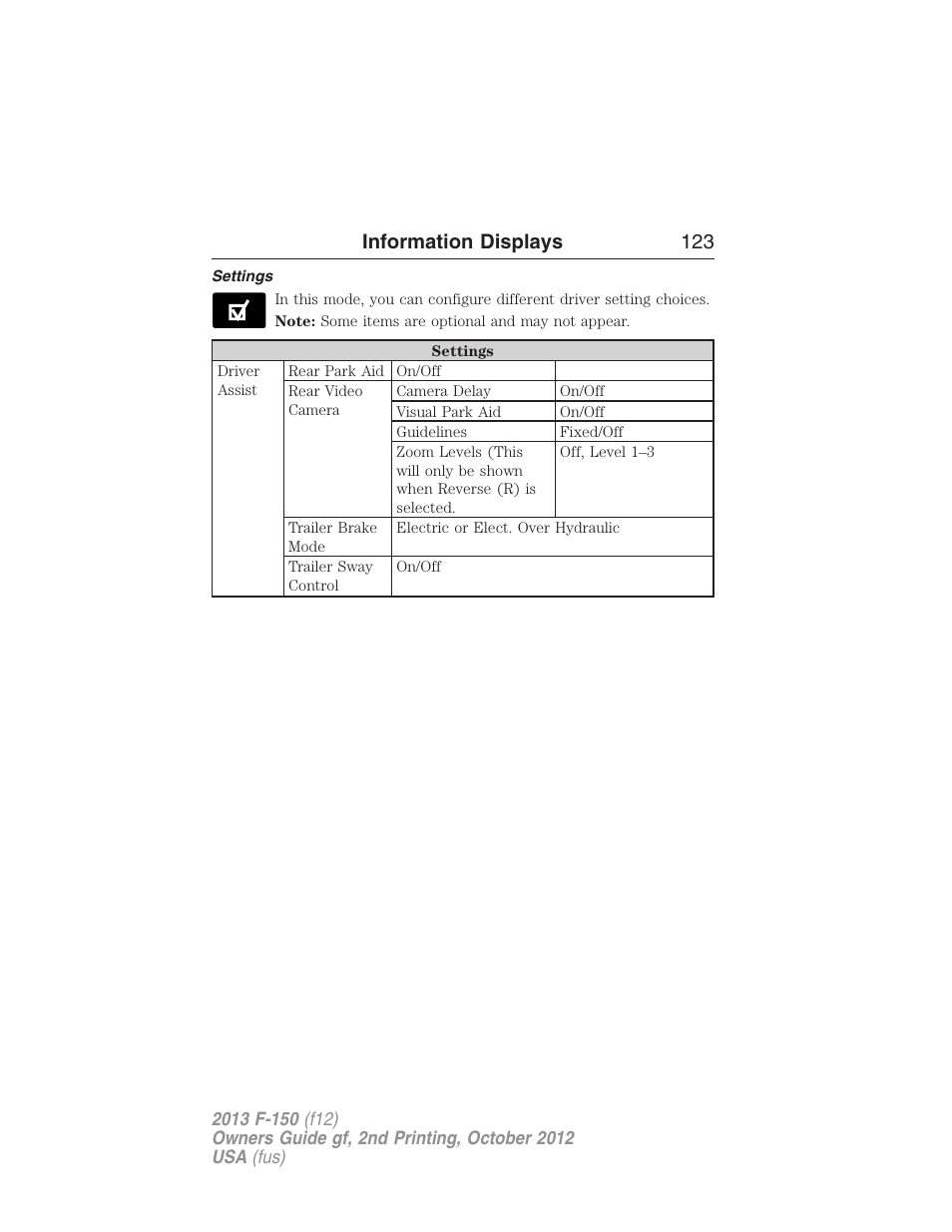 Settings, Information displays 123 | FORD 2013 F-150 v.2 User Manual | Page 124 / 577