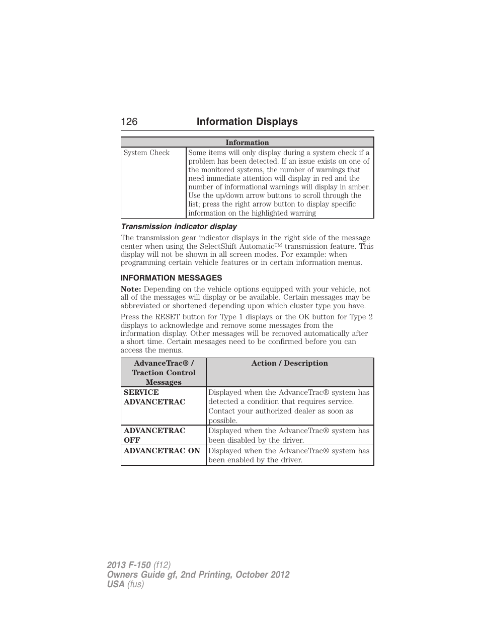 Transmission indicator display, Information messages, 126 information displays | FORD 2013 F-150 v.2 User Manual | Page 127 / 577