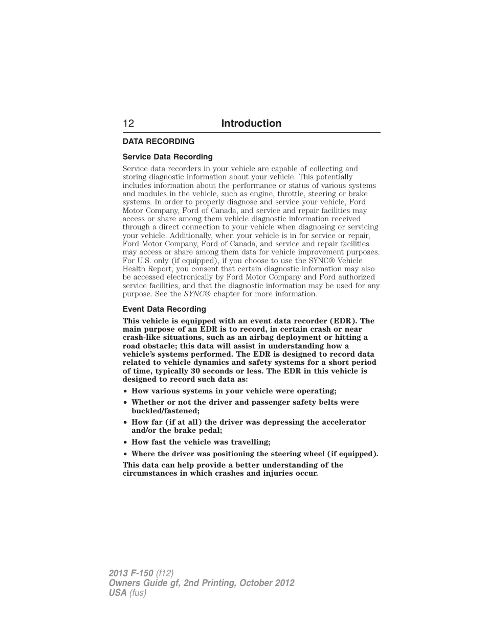 Data recording, Service data recording, Event data recording | 12 introduction | FORD 2013 F-150 v.2 User Manual | Page 13 / 577