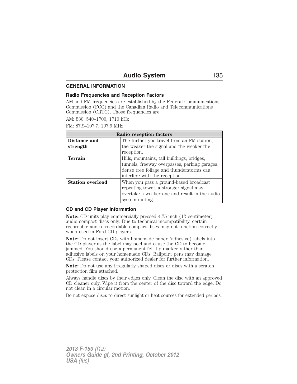 Audio system, General information, Radio frequencies and reception factors | Cd and cd player information, Audio system 135 | FORD 2013 F-150 v.2 User Manual | Page 136 / 577