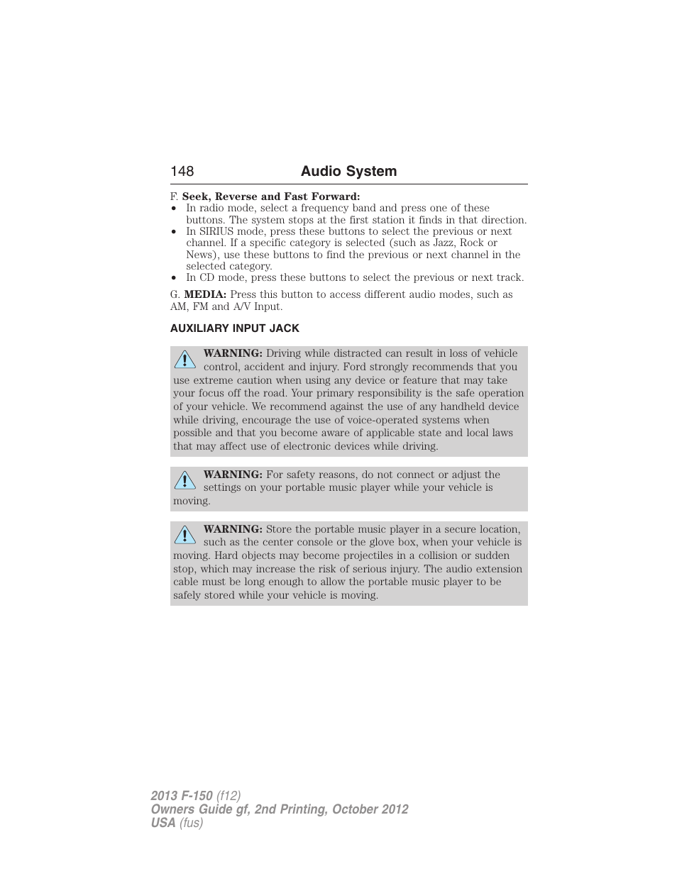 Auxiliary input jack, 148 audio system | FORD 2013 F-150 v.2 User Manual | Page 149 / 577