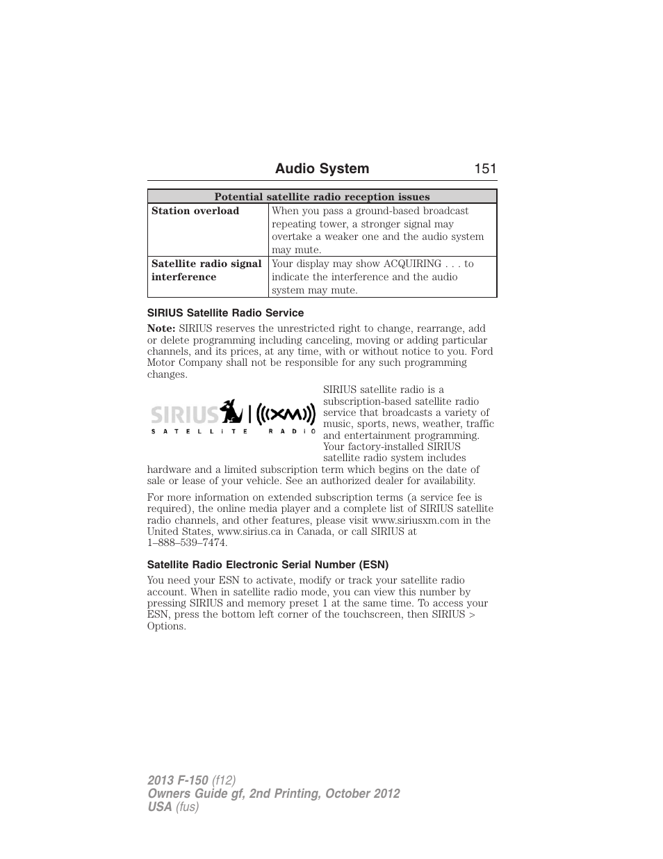 Sirius satellite radio service, Satellite radio electronic serial number (esn), Audio system 151 | FORD 2013 F-150 v.2 User Manual | Page 152 / 577