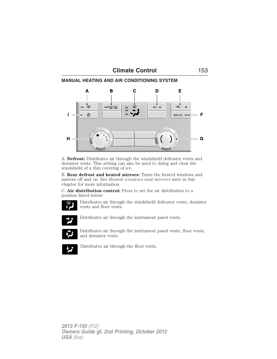 Climate control, Manual heating and air conditioning system, Manual heating and air conditioning | Climate control 153 | FORD 2013 F-150 v.2 User Manual | Page 154 / 577