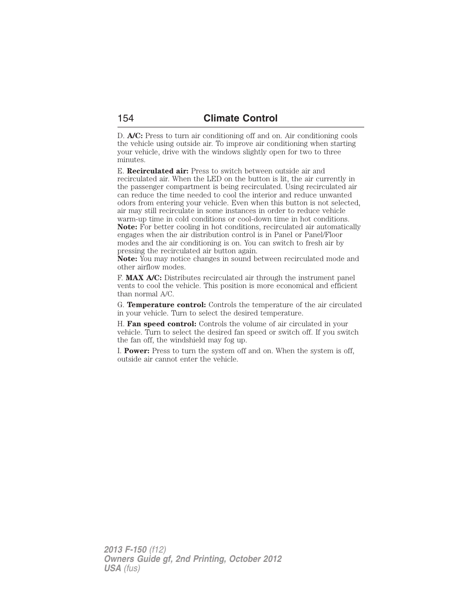 154 climate control | FORD 2013 F-150 v.2 User Manual | Page 155 / 577