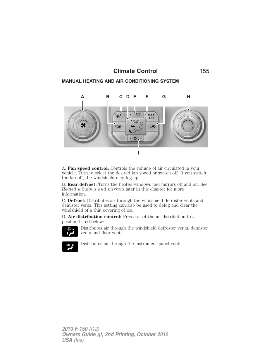 Manual heating and air conditioning system, Climate control 155 | FORD 2013 F-150 v.2 User Manual | Page 156 / 577