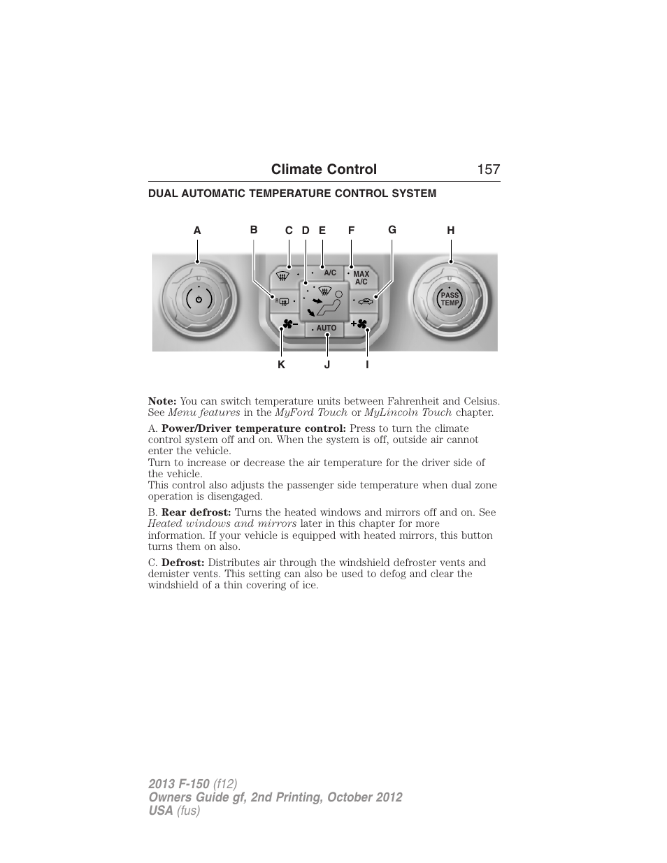 Dual automatic temperature control system, Dual automatic temperature control, Climate control 157 | FORD 2013 F-150 v.2 User Manual | Page 158 / 577