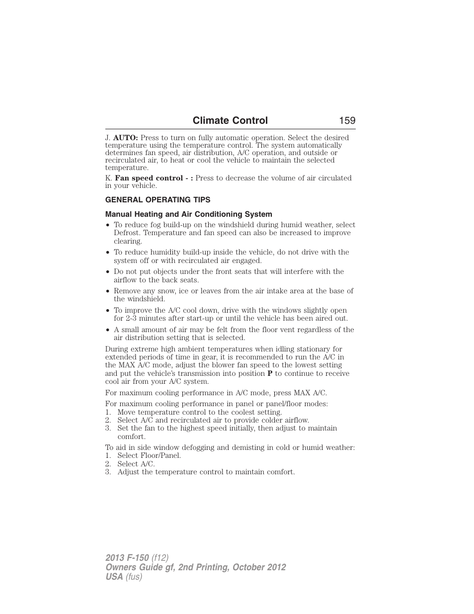 General operating tips, Manual heating and air conditioning system, Climate control 159 | FORD 2013 F-150 v.2 User Manual | Page 160 / 577