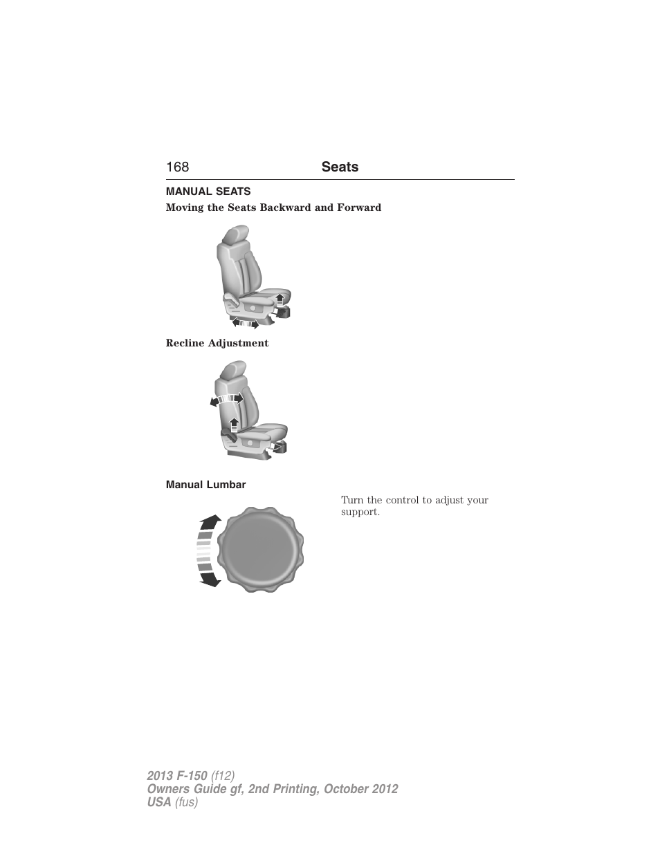 Manual seats, Manual lumbar | FORD 2013 F-150 v.2 User Manual | Page 169 / 577