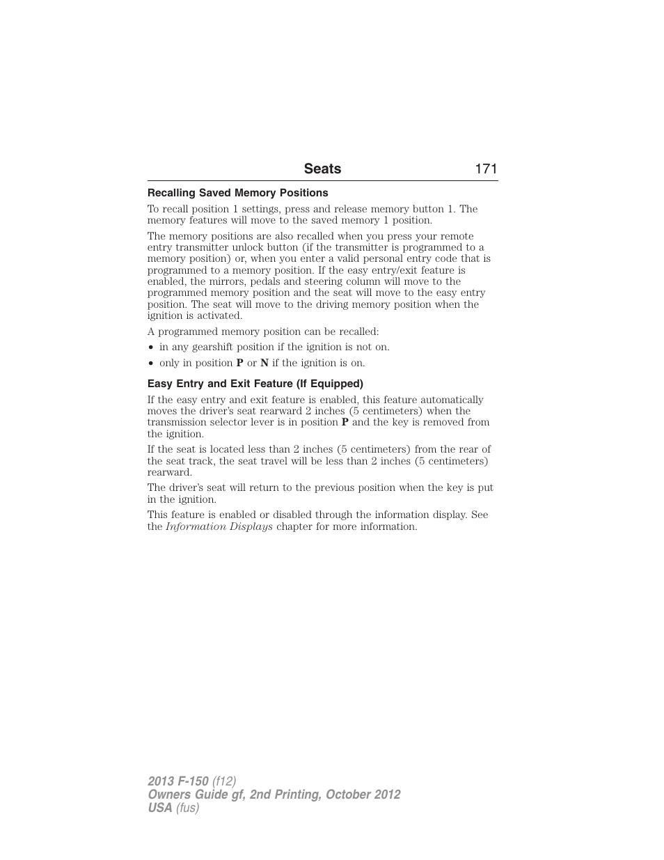 Recalling saved memory positions, Easy entry and exit feature (if equipped), Seats 171 | FORD 2013 F-150 v.2 User Manual | Page 172 / 577