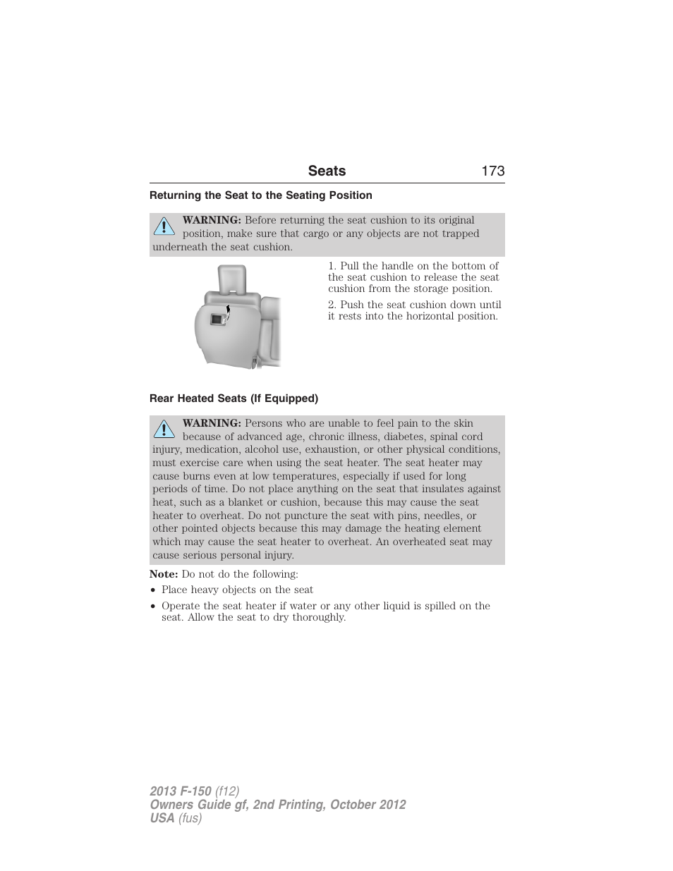 Returning the seat to the seating position, Rear heated seats (if equipped), Seats 173 | FORD 2013 F-150 v.2 User Manual | Page 174 / 577