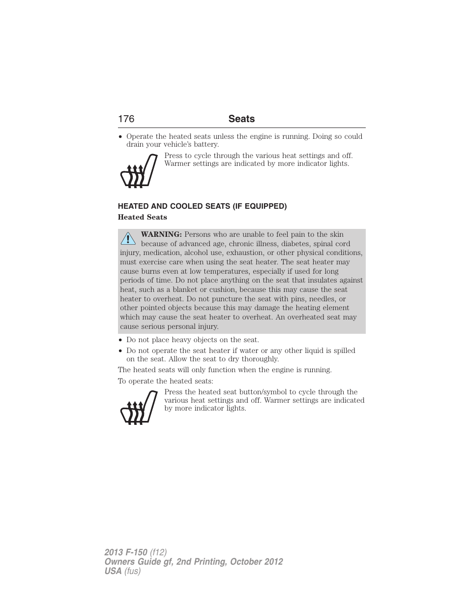 Heated and cooled seats (if equipped), Heated and cooled seats, 176 seats | FORD 2013 F-150 v.2 User Manual | Page 177 / 577
