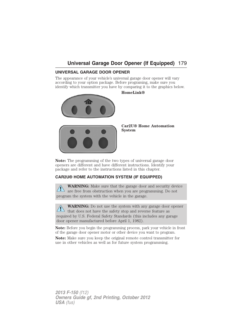 Universal garage door opener (if equipped), Universal garage door opener, Car2u® home automation system (if equipped) | Car2u® home automation system, Universal garage door opener (if equipped) 179 | FORD 2013 F-150 v.2 User Manual | Page 180 / 577