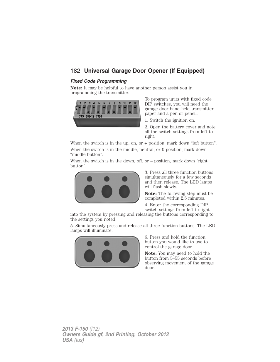 Fixed code programming, 182 universal garage door opener (if equipped) | FORD 2013 F-150 v.2 User Manual | Page 183 / 577