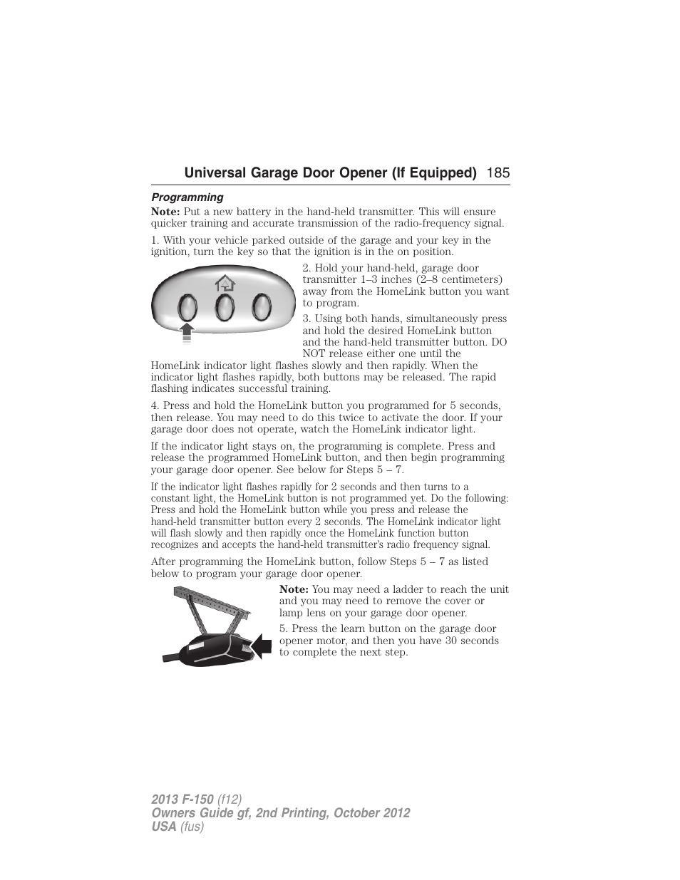 Programming, Universal garage door opener (if equipped) 185 | FORD 2013 F-150 v.2 User Manual | Page 186 / 577