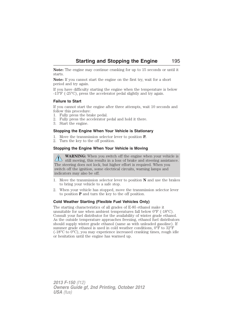 Failure to start, Stopping the engine when your vehicle is moving, Starting and stopping the engine 195 | FORD 2013 F-150 v.2 User Manual | Page 196 / 577