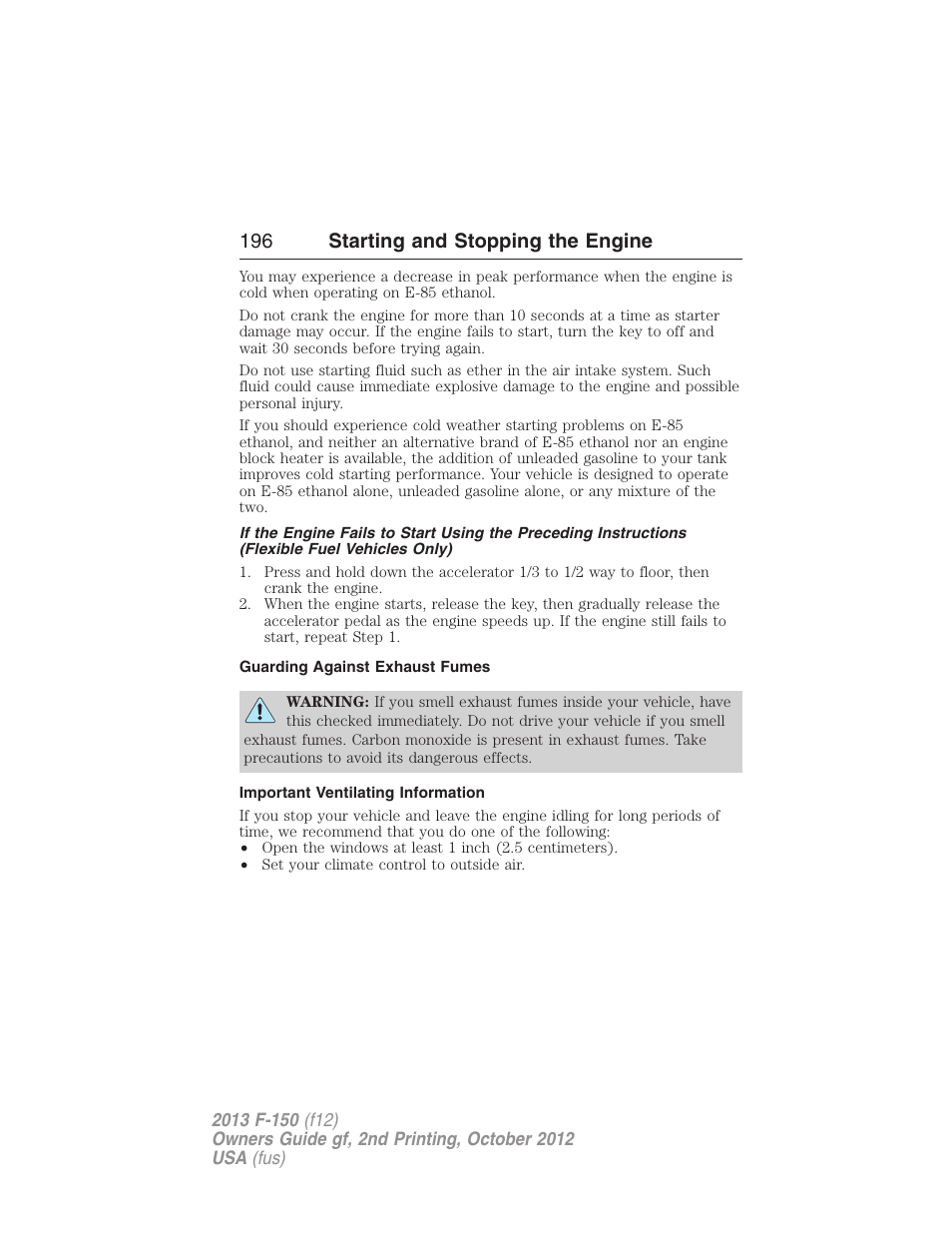 Guarding against exhaust fumes, Important ventilating information, 196 starting and stopping the engine | FORD 2013 F-150 v.2 User Manual | Page 197 / 577