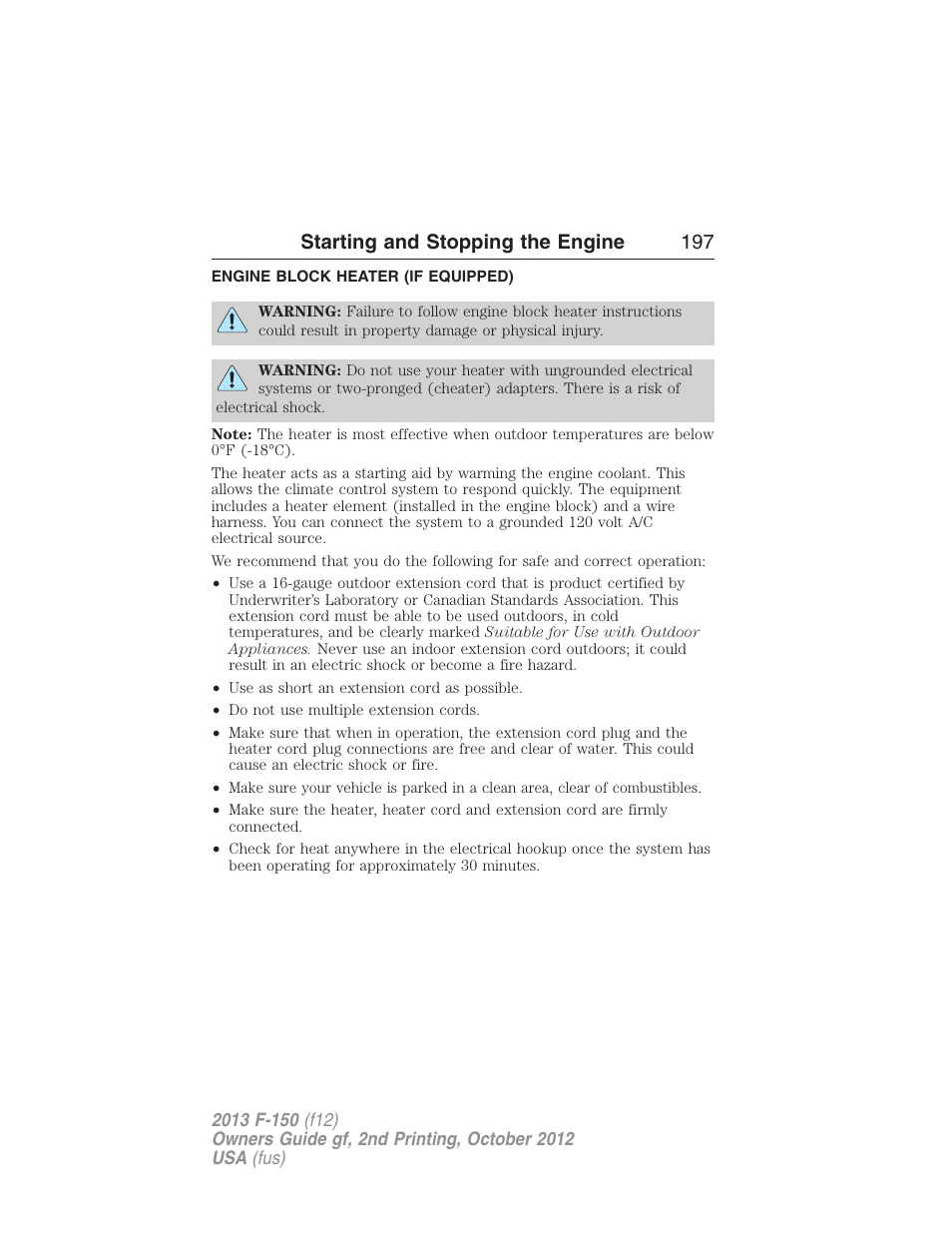 Engine block heater (if equipped), Engine block heater, Starting and stopping the engine 197 | FORD 2013 F-150 v.2 User Manual | Page 198 / 577
