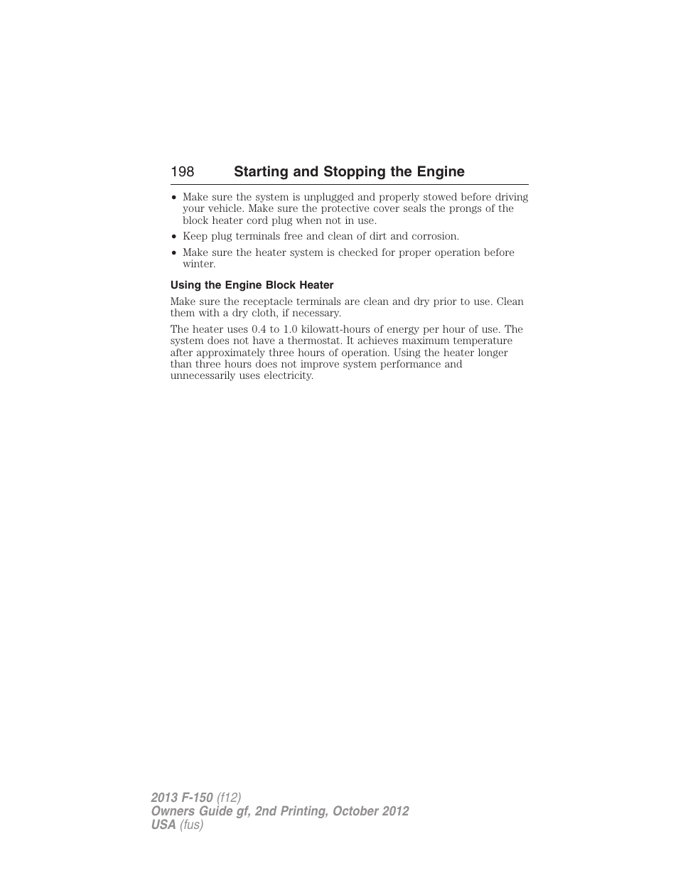 Using the engine block heater, 198 starting and stopping the engine | FORD 2013 F-150 v.2 User Manual | Page 199 / 577