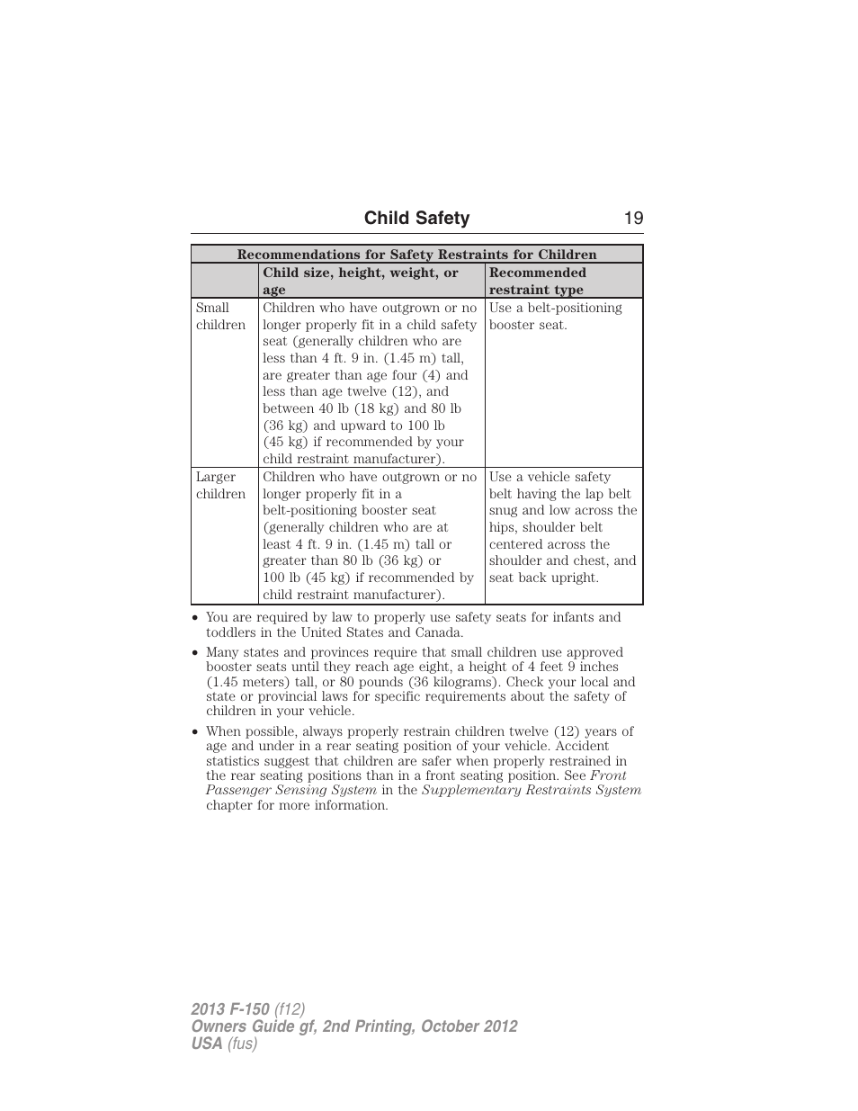Child safety 19 | FORD 2013 F-150 v.2 User Manual | Page 20 / 577