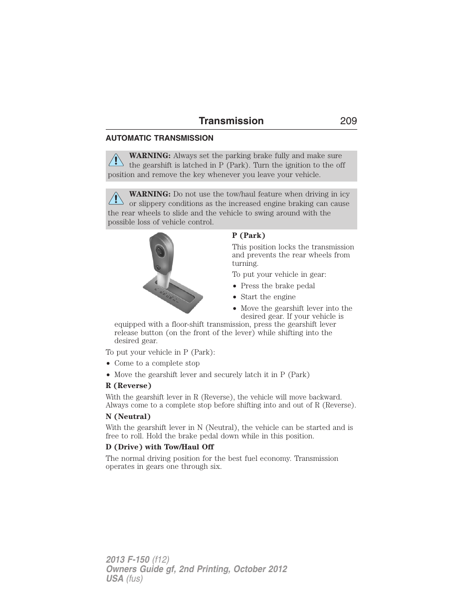 Transmission, Automatic transmission, Transmission 209 | FORD 2013 F-150 v.2 User Manual | Page 210 / 577