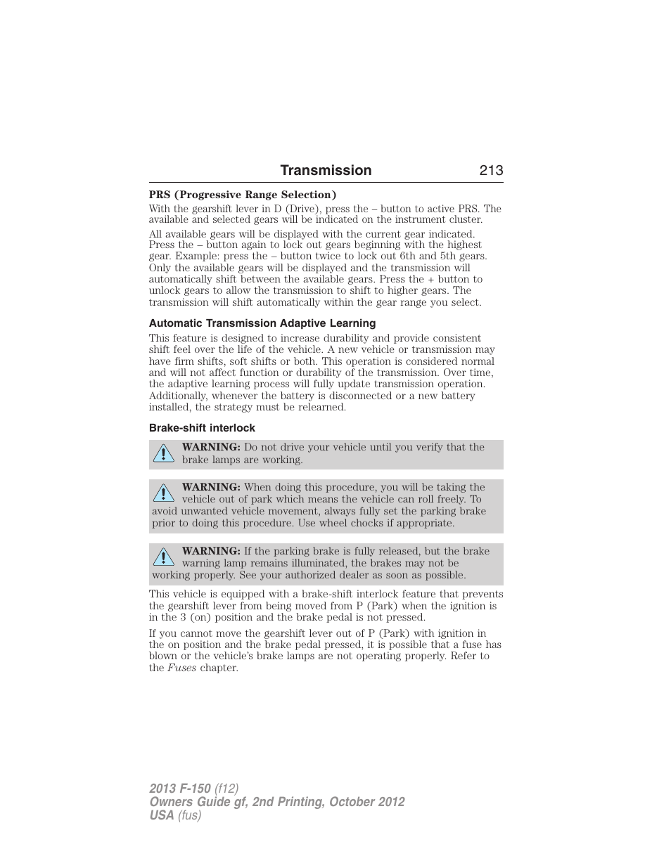 Automatic transmission adaptive learning, Brake-shift interlock, Transmission 213 | FORD 2013 F-150 v.2 User Manual | Page 214 / 577