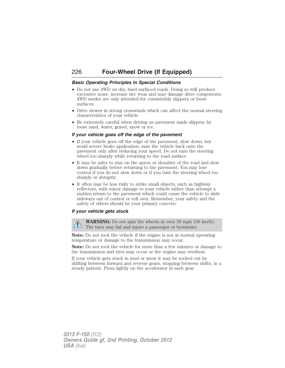 Basic operating principles in special conditions, If your vehicle goes off the edge of the pavement, If your vehicle gets stuck | 226 four-wheel drive (if equipped) | FORD 2013 F-150 v.2 User Manual | Page 227 / 577