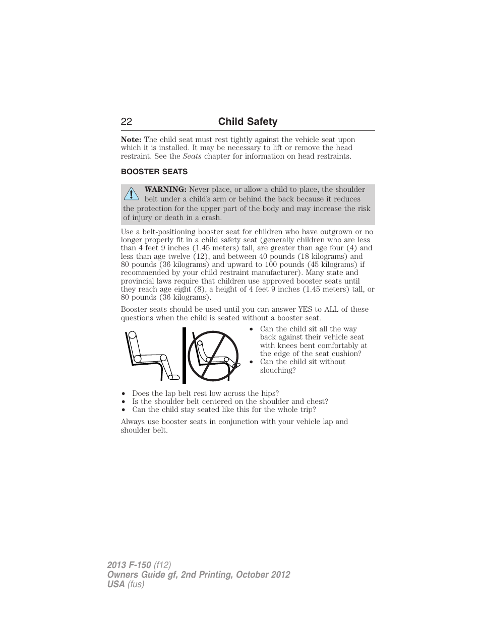 Booster seats, 22 child safety | FORD 2013 F-150 v.2 User Manual | Page 23 / 577