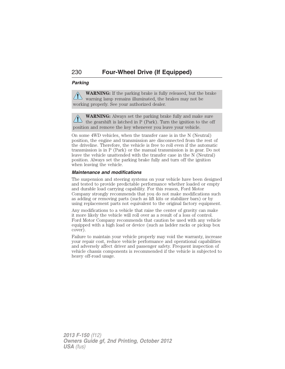 Parking, Maintenance and modifications, 230 four-wheel drive (if equipped) | FORD 2013 F-150 v.2 User Manual | Page 231 / 577