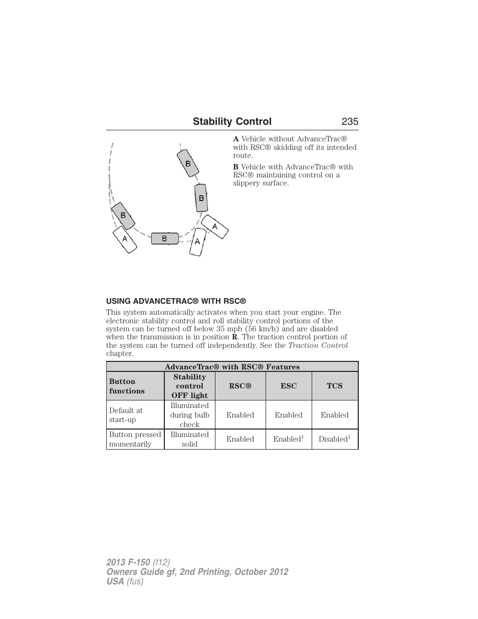 Using advancetrac® with rsc, Stability control 235 | FORD 2013 F-150 v.2 User Manual | Page 236 / 577