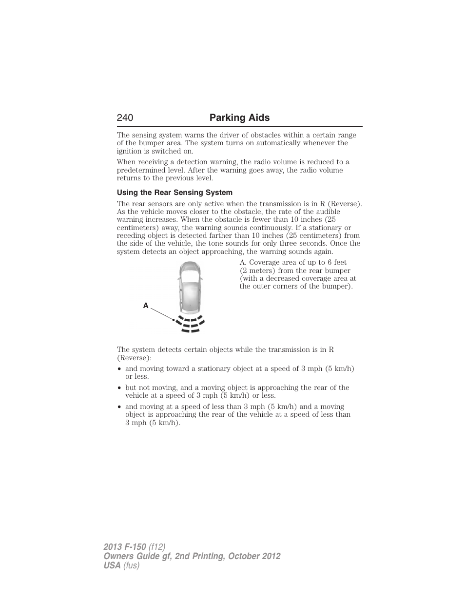 Using the rear sensing system, 240 parking aids | FORD 2013 F-150 v.2 User Manual | Page 241 / 577