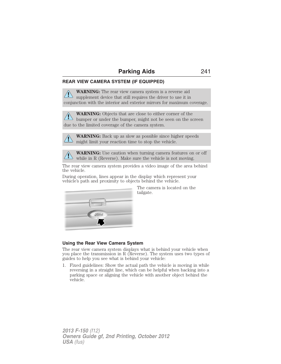 Rear view camera system (if equipped), Using the rear view camera system, Rear-view camera system | Parking aids 241 | FORD 2013 F-150 v.2 User Manual | Page 242 / 577