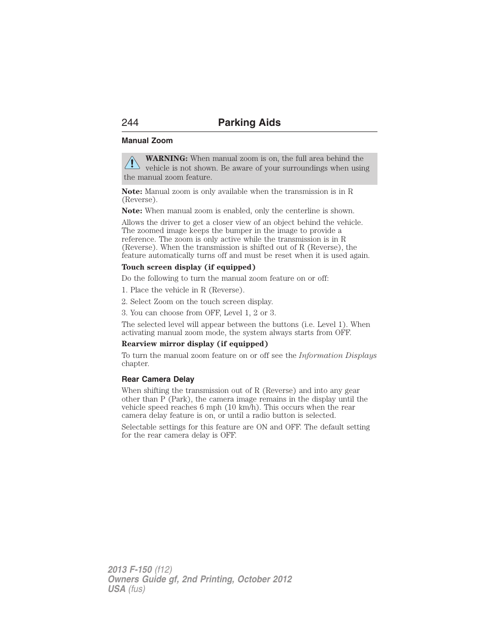 Manual zoom, Rear camera delay, 244 parking aids | FORD 2013 F-150 v.2 User Manual | Page 245 / 577