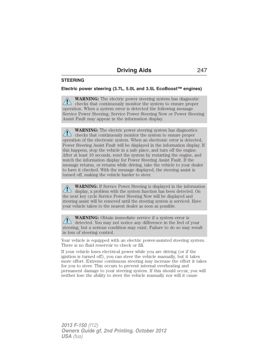 Driving aids, Steering, Driving aids 247 | FORD 2013 F-150 v.2 User Manual | Page 248 / 577