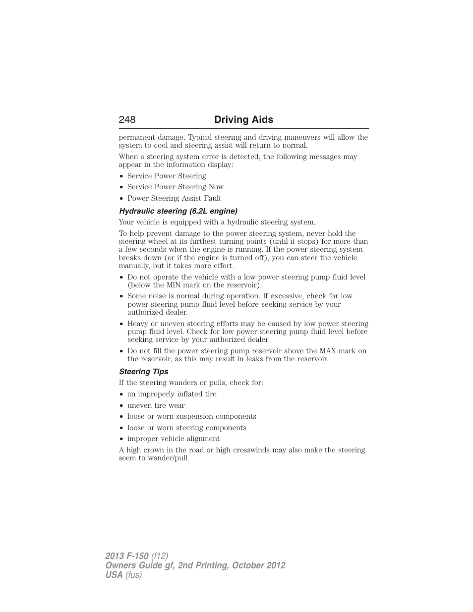 Hydraulic steering (6.2l engine), Steering tips, 248 driving aids | FORD 2013 F-150 v.2 User Manual | Page 249 / 577