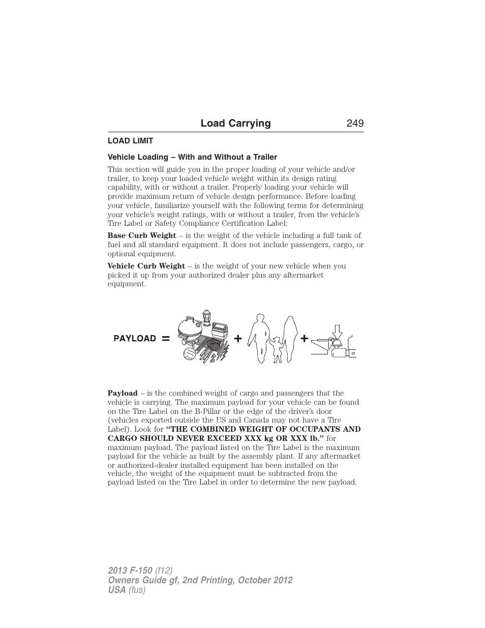 Load carrying, Load limit, Vehicle loading – with and without a trailer | Vehicle loading, Load carrying 249 | FORD 2013 F-150 v.2 User Manual | Page 250 / 577