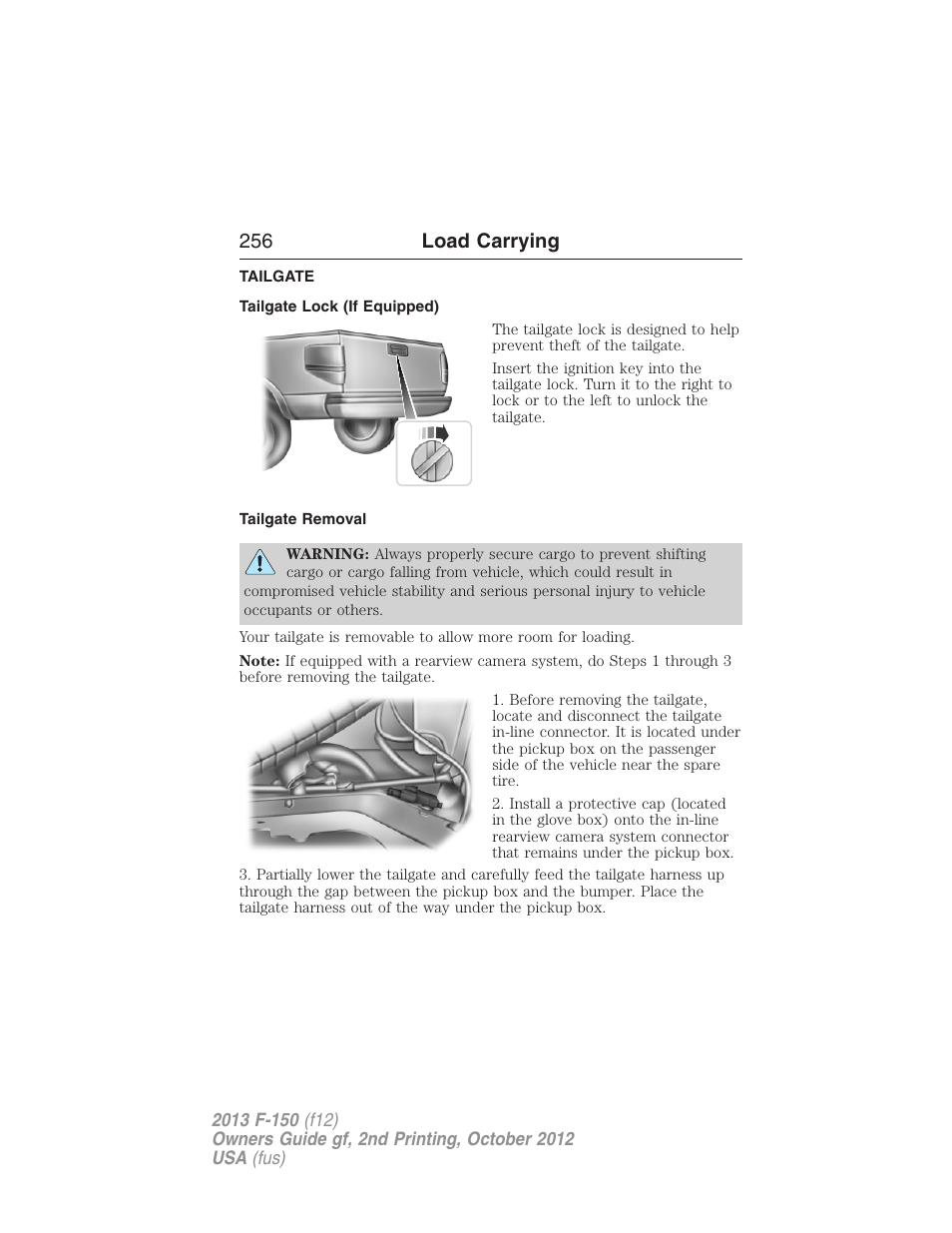 Tailgate, Tailgate lock (if equipped), Tailgate removal | 256 load carrying | FORD 2013 F-150 v.2 User Manual | Page 257 / 577