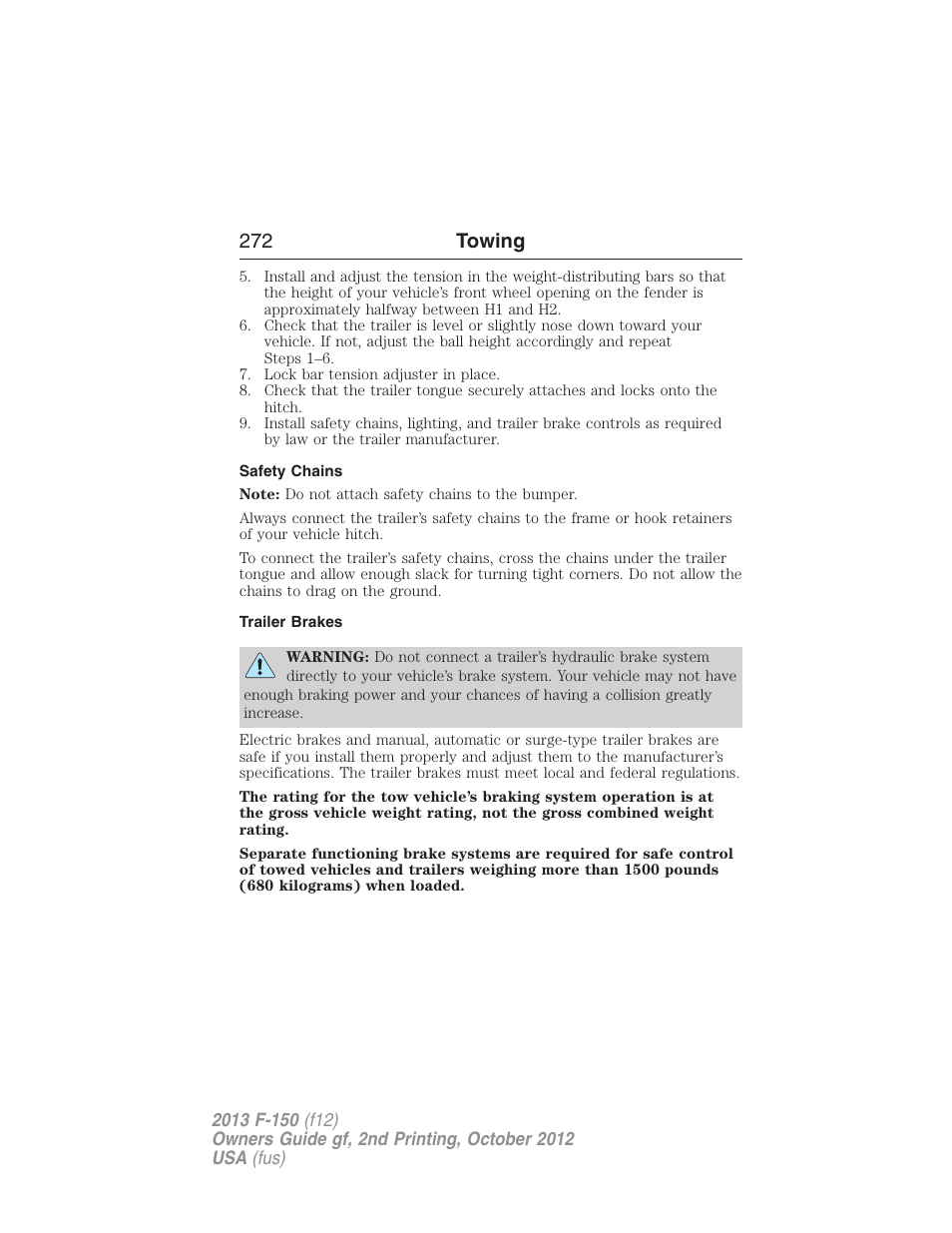 Safety chains, Trailer brakes, 272 towing | FORD 2013 F-150 v.2 User Manual | Page 273 / 577