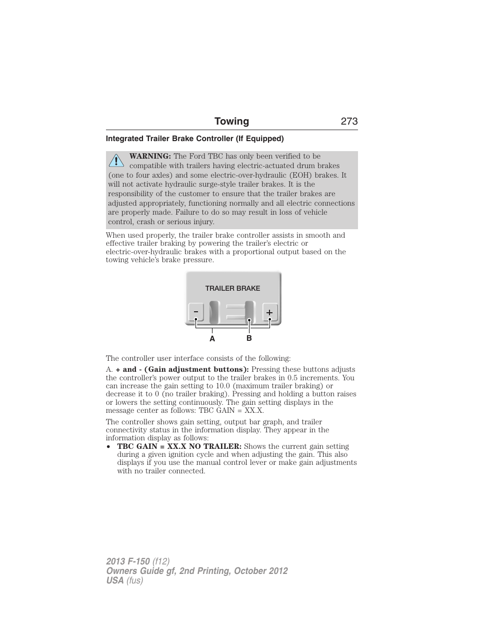 Integrated trailer brake controller (if equipped), Trailer brake controller-integrated, Towing 273 | FORD 2013 F-150 v.2 User Manual | Page 274 / 577
